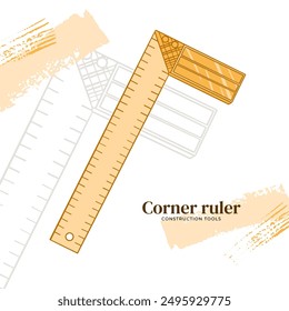 Corner ruler, measuring tool. Monochrome vector illustration. Construction and repair element. In outline style. In yellow color