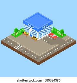 corner shop outdoor with parking and car, boxes of fruit and vegetables on the street. isometric.
