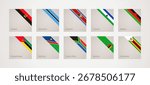 Corner slanted ribbon flags of Angola, Botswana, Eswatini, Lesotho, Malawi, Mozambique, Namibia, South Africa, Zambia and Zimbabwe