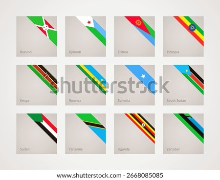 Corner slanted ribbon flags of  Burundi, Djibouti, Eritrea, Ethiopia, Kenya, Rwanda, Somalia, South Sudan, Sudan, Tanzania, Uganda, Zanzibar