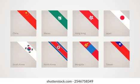 Corner slanted ribbon flags of China, Hong Kong, Macau, Japan, South Korea, Mongolia, North Korea and Taiwan