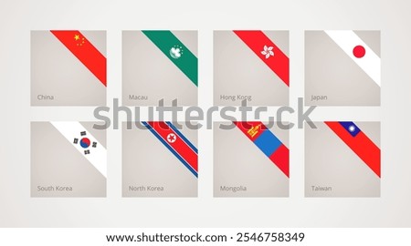 Corner slanted ribbon flags of China, Hong Kong, Macau, Japan, South Korea, Mongolia, North Korea and Taiwan