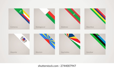 Corner slanted ribbon flags of Comoros, Madagascar, Maldives, Mauritius, Mayotte, Reunion, Seychelles and Zanzibar