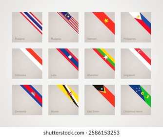 Corner slanted ribbon flags of Thailand, Malaysia ,Philippines, Indonesia, Brunei, Cambodia, Laos, Myanmar, Singapore, Vietnam, East Timor and Christmas Island