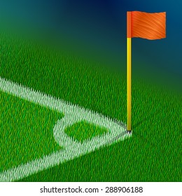 Corner of soccer pitch with flag. Part of football field for corner kick. Qualitative vector illustration for soccer, sport game, championship, gameplay, etc