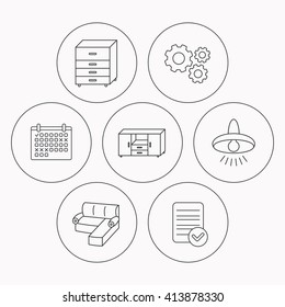 Corner sofa, ceiling lamp and chest of drawers icons. Furniture linear signs. Check file, calendar and cogwheel icons. Vector