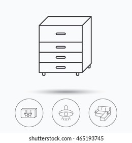 Corner sofa, ceiling lamp and chest of drawers icons. Furniture linear signs. Linear icons in circle buttons. Flat web symbols. Vector