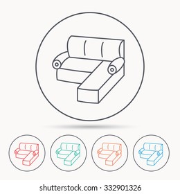 Corner sofa icon. Comfortable couch sign. Furniture symbol. Linear circle icons.