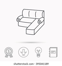 Corner sofa icon. Comfortable couch sign. Furniture symbol. Download arrow, lamp, learn book and award medal icons.