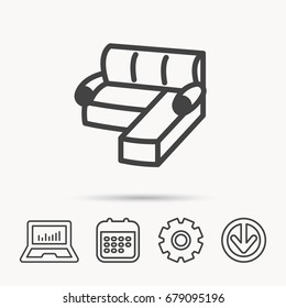 Corner sofa icon. Comfortable couch sign. Furniture symbol. Notebook, Calendar and Cogwheel signs. Download arrow web icon. Vector