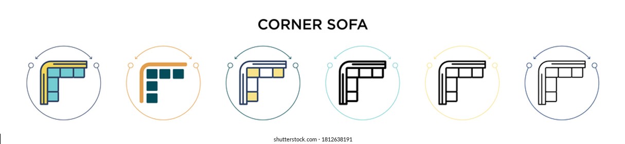 Corner sofa icon in filled, thin line, outline and stroke style. Vector illustration of two colored and black corner sofa vector icons designs can be used for mobile, ui, web