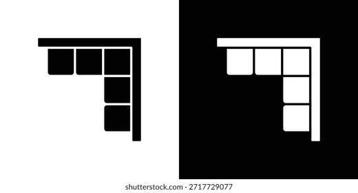 Diseño de silueta de iconos de sofá de esquina. Símbolo de glifo blanco y negro.