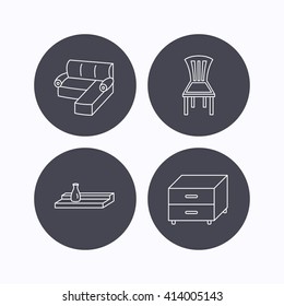 Corner sofa, nightstand and chair icons. Wall shelf linear sign. Flat icons in circle buttons on white background. Vector