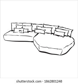 Corner sofa - sketch black and white.  Unusual couch silhouette.