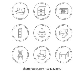 Corner sofa, table and armchair icons. Chair, ceiling lamp and chest of drawers linear signs. Shelving, furniture flat line icons. Linear Circles web buttons with icons. Vector