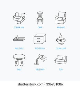 Corner sofa, table and armchair icons. Chair, ceiling lamp and nightstand linear signs. Wall shelf furniture flat line icons. Linear set icons on white background.