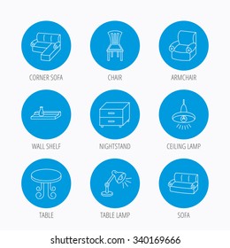 Corner sofa, table and armchair icons. Chair, ceiling lamp and nightstand linear signs. Wall shelf furniture flat line icons. Blue circle buttons set. Linear icons.
