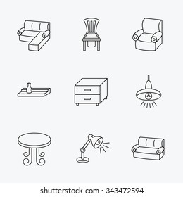 Corner sofa, table and armchair icons. Chair, ceiling lamp and nightstand linear signs. Wall shelf furniture flat line icons. Linear black icons on white background.