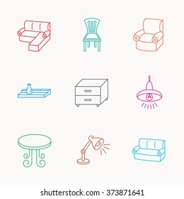 Corner sofa, table and armchair icons. Chair, ceiling lamp and nightstand linear signs. Wall shelf furniture flat line icons. Linear colored icons.