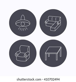 Corner sofa, table and armchair icons. Ceiling lamp linear signs. Flat icons in circle buttons on white background. Vector