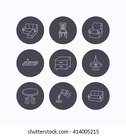 Corner sofa, table and armchair icons. Chair, ceiling lamp and nightstand linear signs. Wall shelf furniture flat line icons. Flat icons in circle buttons on white background. Vector