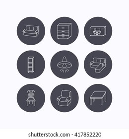 Corner sofa, table and armchair icons. Chair, ceiling lamp and chest of drawers linear signs. Shelving, furniture flat line icons. Flat icons in circle buttons on white background. Vector