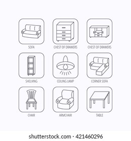 Corner sofa, table and armchair icons. Chair, ceiling lamp and chest of drawers linear signs. Shelving, furniture flat line icons. Flat linear icons in squares on white background. Vector