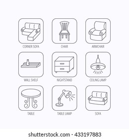 Corner sofa, table and armchair icons. Chair, ceiling lamp and nightstand linear signs. Wall shelf furniture flat line icons. Flat linear icons in squares on white background. Vector