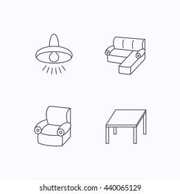 Corner sofa, table and armchair icons. Ceiling lamp linear signs. Flat linear icons on white background. Vector