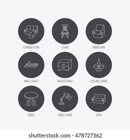 Corner sofa, table and armchair icons. Chair, ceiling lamp and nightstand linear signs. Wall shelf furniture flat line icons. Linear icons in circle buttons. Flat web symbols. Vector