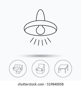 Corner sofa, table and armchair icons. Ceiling lamp linear signs. Linear icons in circle buttons. Flat web symbols. Vector