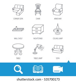 Corner sofa, table and armchair icons. Chair, ceiling lamp and nightstand linear signs. Wall shelf furniture flat line icons. Video cam, book and magnifier search icons. Vector