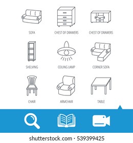 Corner sofa, table and armchair icons. Chair, ceiling lamp and chest of drawers linear signs. Shelving, furniture flat line icons. Video cam, book and magnifier search icons. Vector