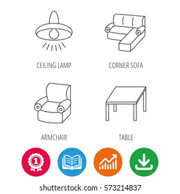 Corner sofa, table and armchair icons. Ceiling lamp linear signs. Award medal, growth chart and opened book web icons. Download arrow. Vector