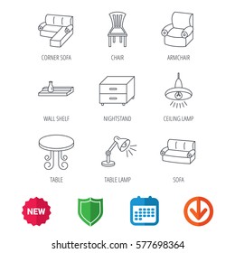Corner sofa, table and armchair icons. Chair, ceiling lamp and nightstand linear signs. Wall shelf furniture flat line icons. New tag, shield and calendar web icons. Download arrow. Vector