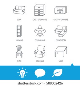 Corner sofa, table and armchair icons. Chair, ceiling lamp and chest of drawers linear signs. Shelving, furniture flat line icons. Light bulb, speech bubble and leaf web icons. Vector