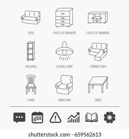 Corner sofa, table and armchair icons. Chair, ceiling lamp and chest of drawers linear signs. Shelving, furniture flat line icons. Education book, Graph chart and Chat signs. Vector