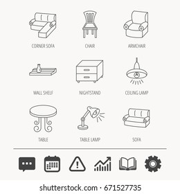 Corner sofa, table and armchair icons. Chair, ceiling lamp and nightstand linear signs. Wall shelf furniture flat line icons. Education book, Graph chart and Chat signs. Vector