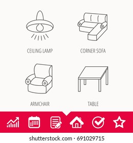 Corner sofa, table and armchair icons. Ceiling lamp linear signs. Edit document, Calendar and Graph chart signs. Star, Check and House web icons. Vector