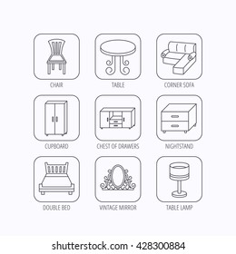 Corner sofa, table and cupboard icons. Chair, lamp and nightstand linear signs. Vintage mirror, double bed and chest of drawers icons. Flat linear icons in squares on white background. Vector