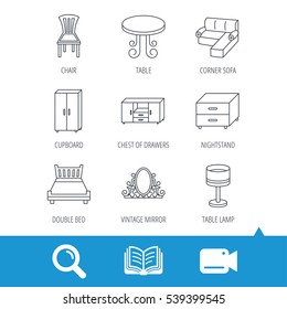 Corner sofa, table and cupboard icons. Chair, lamp and nightstand linear signs. Vintage mirror, double bed and chest of drawers icons. Video cam, book and magnifier search icons. Vector