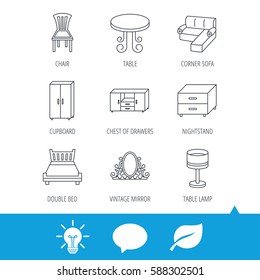 Corner sofa, table and cupboard icons. Chair, lamp and nightstand linear signs. Vintage mirror, double bed and chest of drawers icons. Light bulb, speech bubble and leaf web icons. Vector