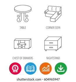 Corner sofa, table and nightstand icons. Chest of drawers linear sign. Award medal, growth chart and opened book web icons. Download arrow. Vector