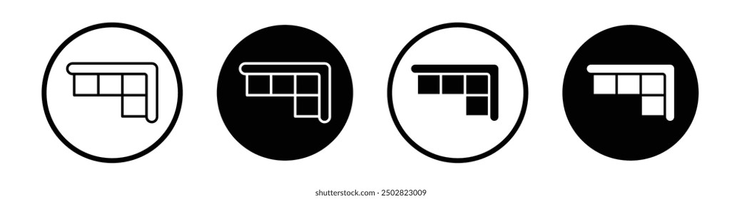 Conjunto de iconos de Vector de sofá de esquina negro relleno y estilo delineado.