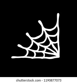 Corner of spider cobweb. White silhouette, icon. Vector illustration. On black background. 