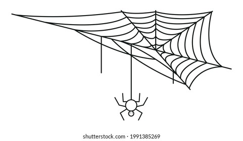 Icono lineal de la telaraña de esquina. Arte de línea de Halloween. Red negra aislada con araña en fondo blanco. Web con el logo de la araña para sus tarjetas de halloween. 