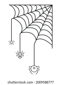 Corner spideweb linear icon. Halloween line art. Isolated black net with spider on white background. Web with spider logo for your halloween cards. 