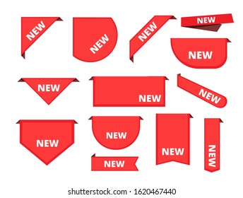 Corner sticker. Promotional curly banners sale merchandise label arrival ribbons vector collection