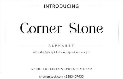 Corner Stone Premium Luxus elegante Buchstaben und Zahlen. Elegante Tech Typografie klassische Serif Schriftart dekorative Vintage Retro. Kreative Vektorgrafik