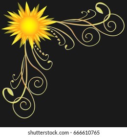 Corner with sun and curved lines on a black background.